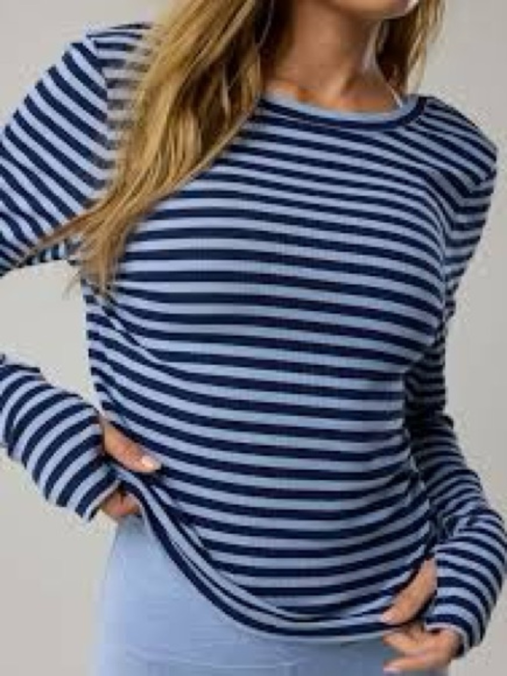 aerie Navy and Light Blue Striped Long-Sleeve Crewneck